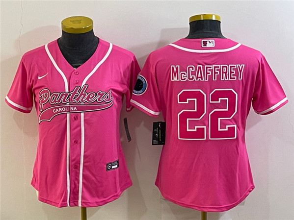 Women's Carolina Panthers #22 Christian McCaffrey Pink With Patch Cool Base Stitched Jersey(Run Small)